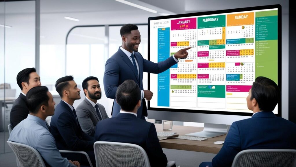 Men planning their activities in a digital calendar