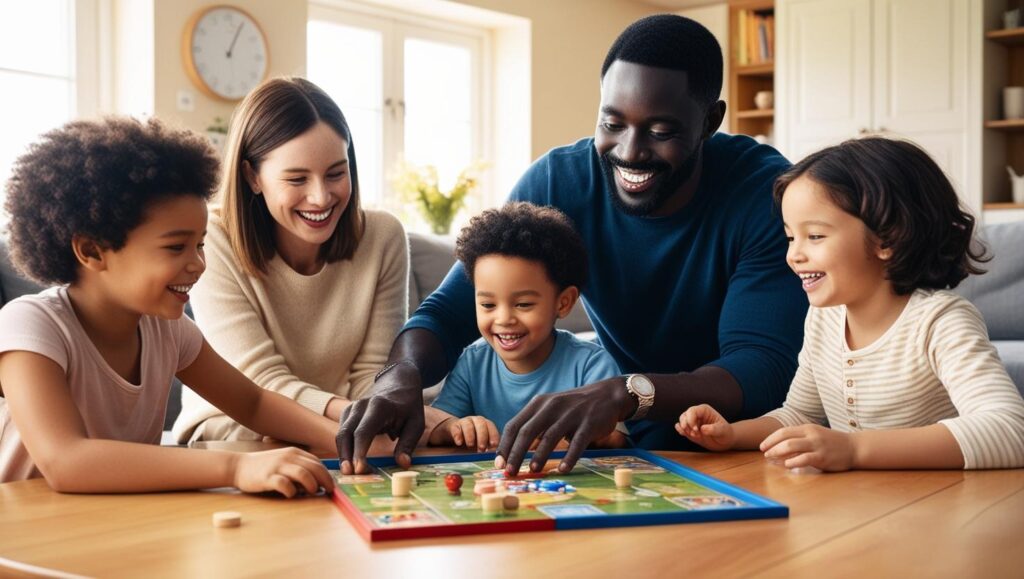 A family playing a board game together with dad taking the lead