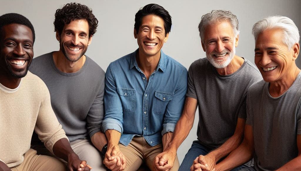 Men of mixed race sitting in a circular position and holding hands in fellowship, with smiles in their faces