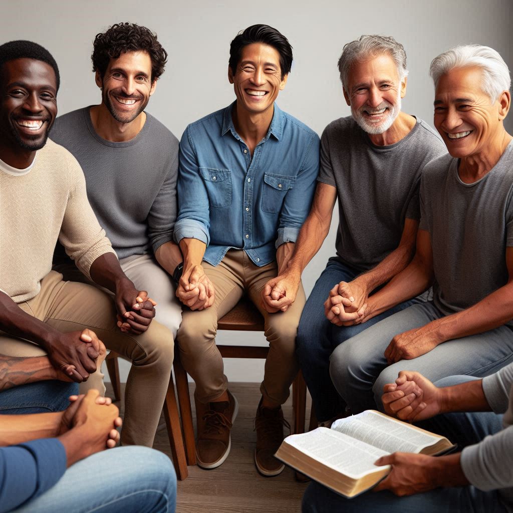 Men of mixed race sitting in a circular position and holding hands in fellowship, with smiles in their faces