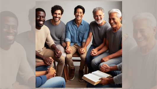 Men of mixed race sitting in a circular position and holding hands in fellowship, with smiles in their faces