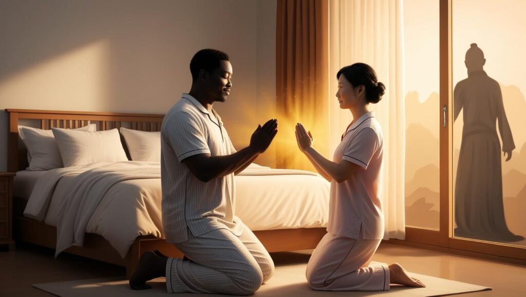 Man and wife praying together while a strange figure retreats from their house