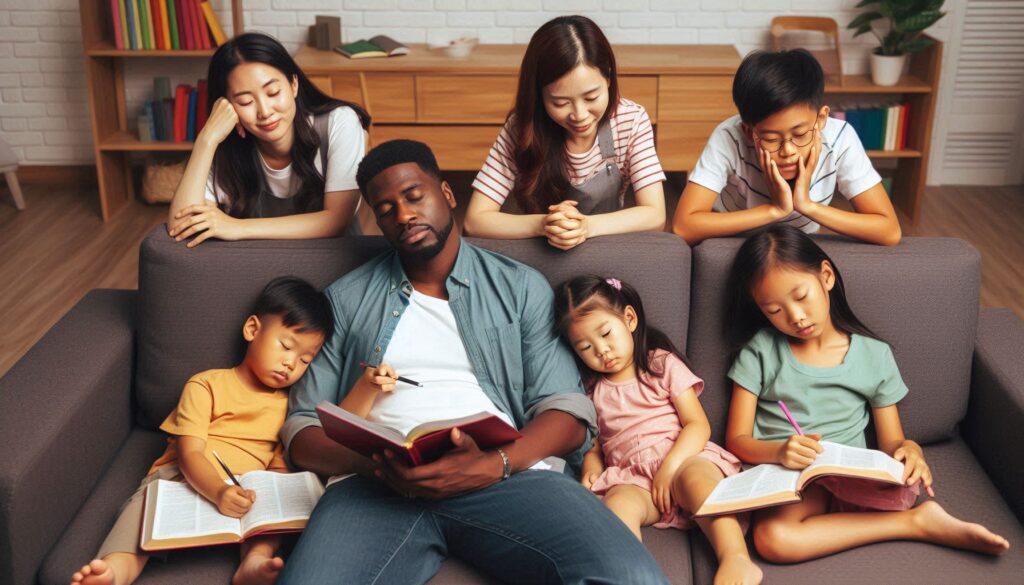 Father sleeps off while family is studying the bible