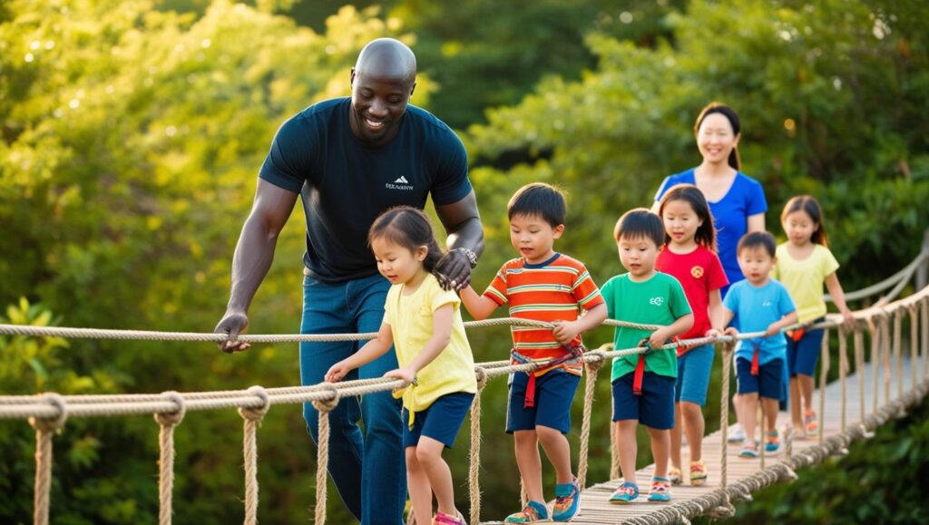 A father leading his family on a bridge walk