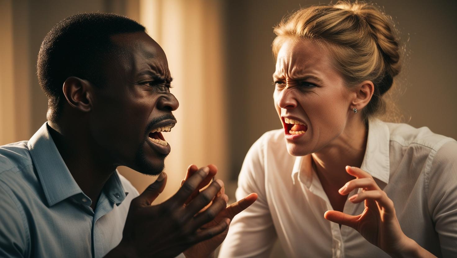 A man and his wife having marital challenges and raising their voices at each other with angry faces