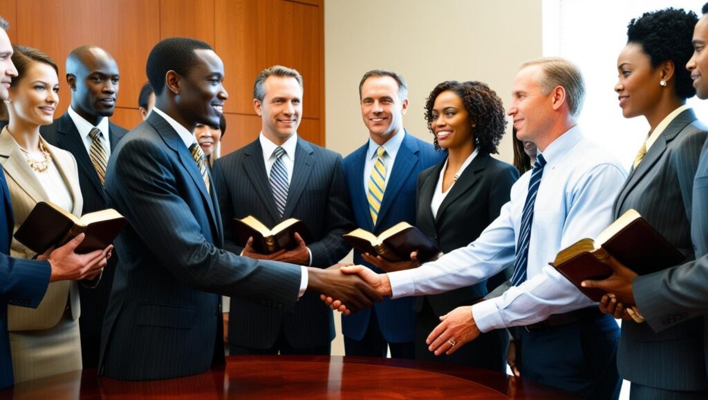 A group of people from different continents and walks of life coming together to do business the Scriptural way, with two men from Africa and America shaking hands