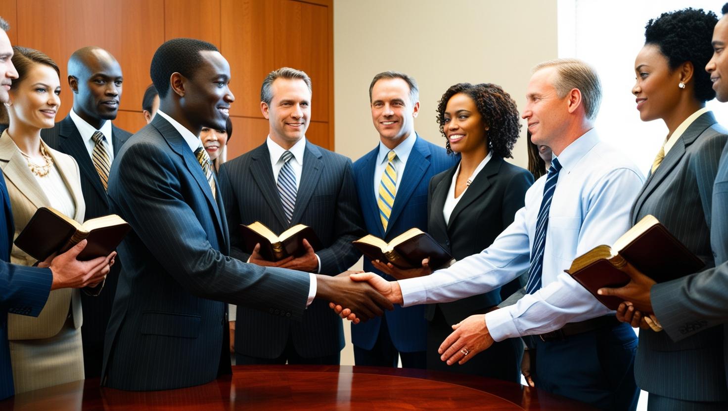 A group of people from different continents and walks of life coming together to do business the Scriptural way, with two men from Africa and America shaking hands