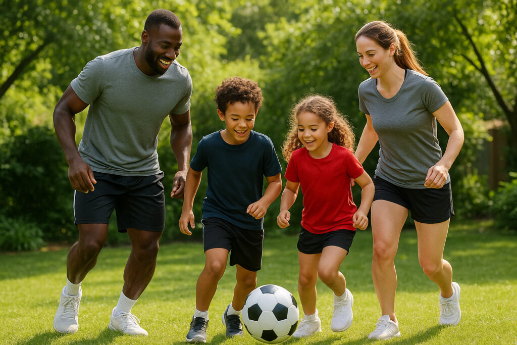 A family playing soccer together as the father's way of modelling healthy living to his family