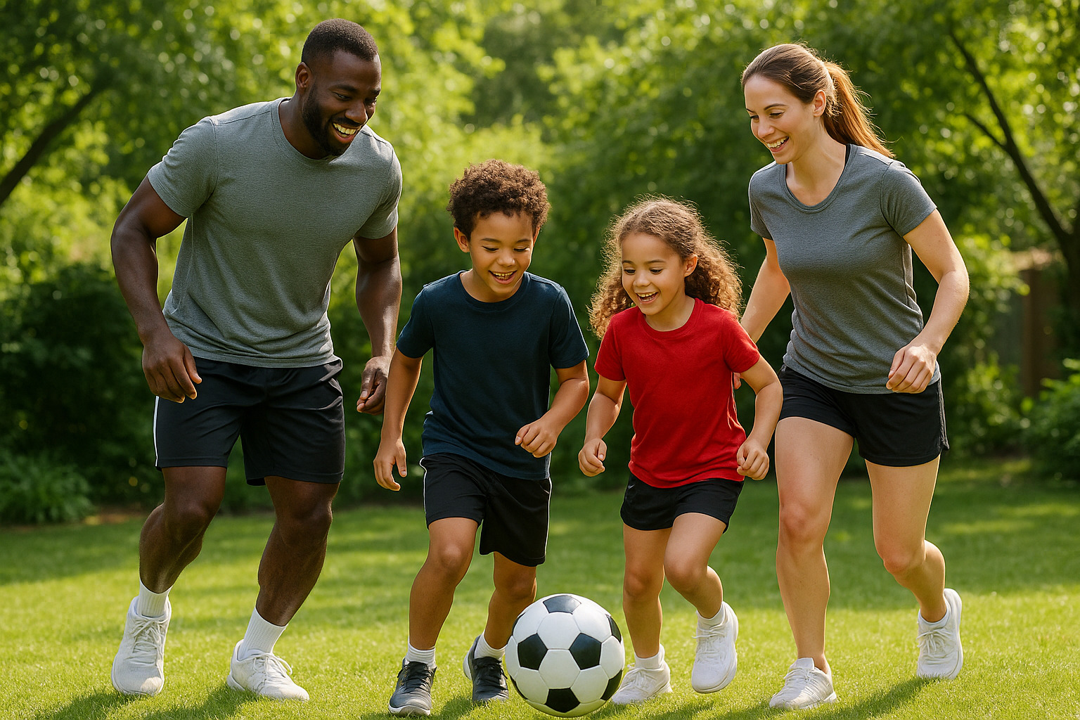 A family playing soccer together as the father's way of modelling healthy living to his family