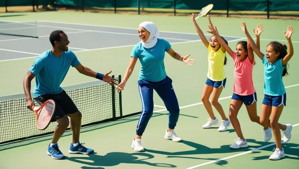 A man, his wife, and their children playing tennis outdoor
