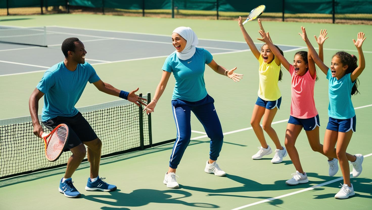 A man, his wife, and their children playing tennis outdoor