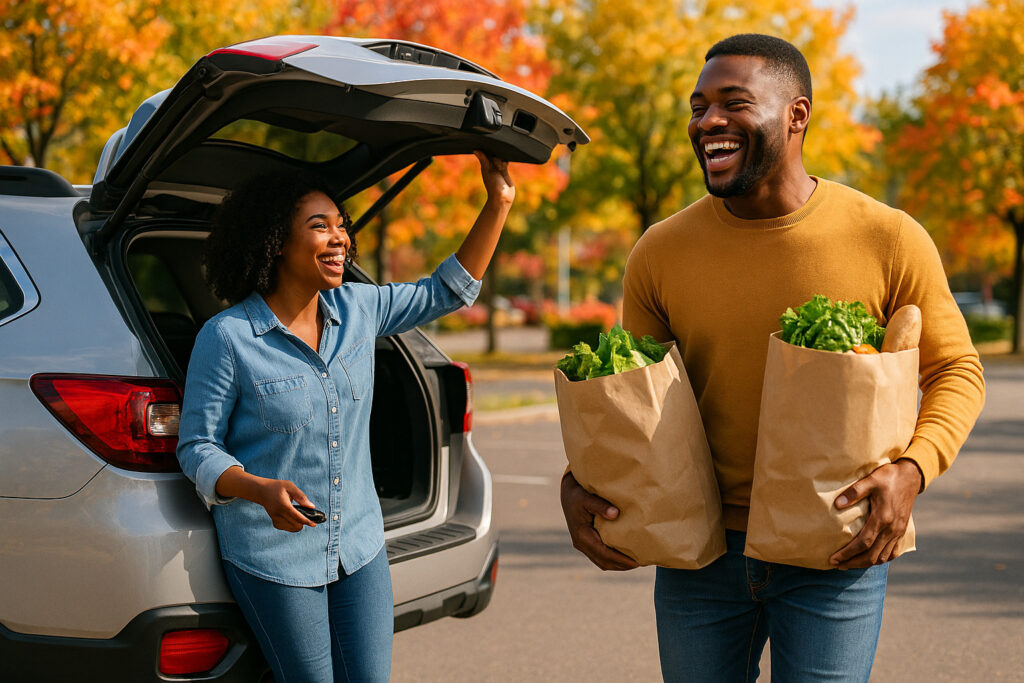 A healthy husband carrying heavy bags of groceries in both hands from his wife's car boot into the house, as she just came back from shopping. Both are laughing and happy