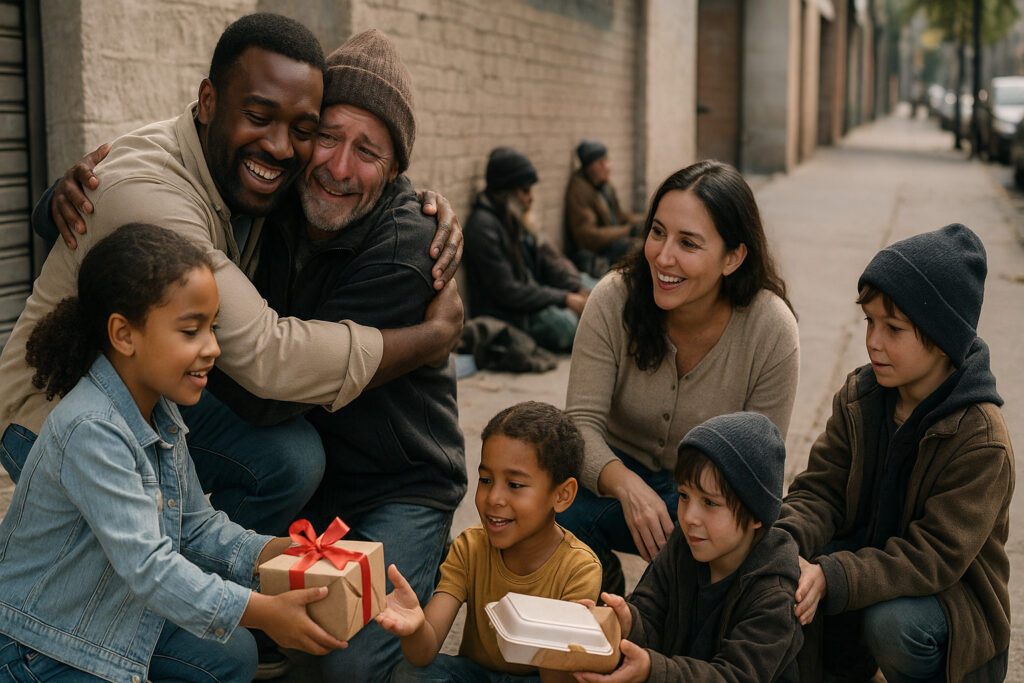 A family sharing food and gifts with homeless people on the street