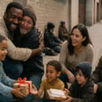 A family sharing food and gifts with homeless people on the street