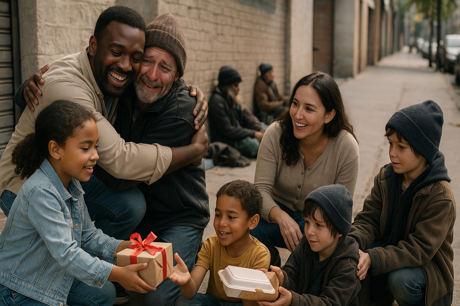 A family sharing food and gifts with homeless people on the street