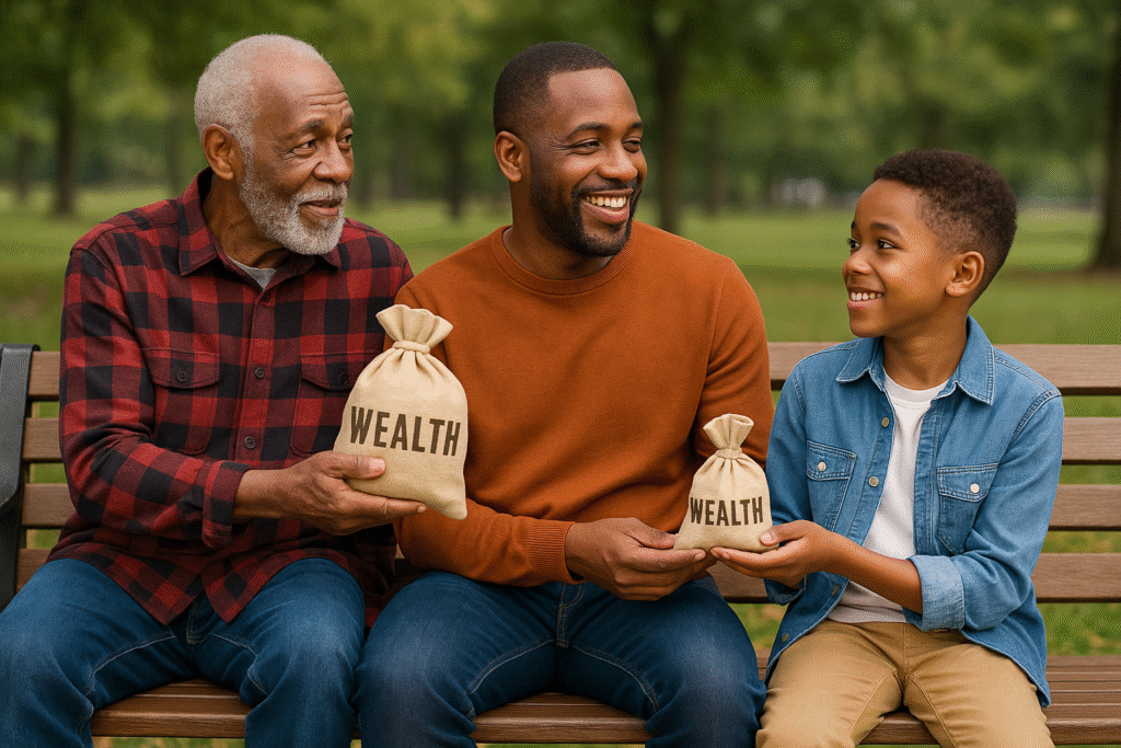 Grandpa handing a treasure bag to his son, while his son is also passing another treasure bag to his own son