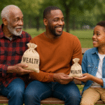 Grandpa handing a treasure bag to his son, while his son is also passing another treasure bag to his own son