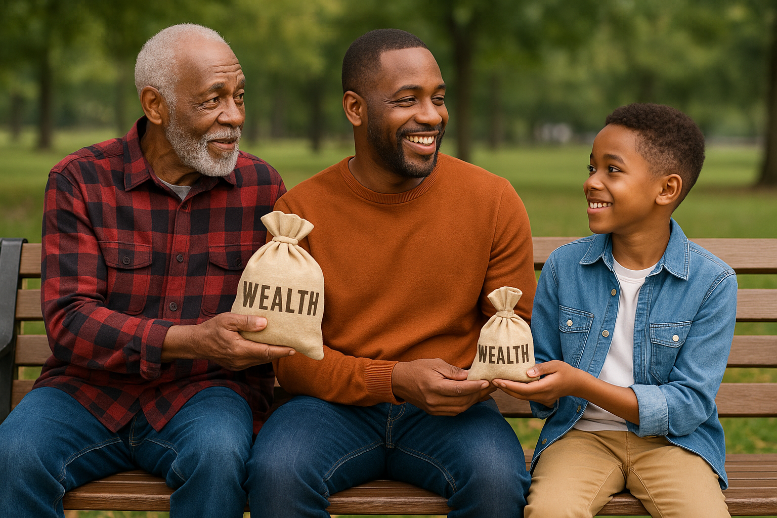 Grandpa handing a treasure bag to his son, while his son is also passing another treasure bag to his own son