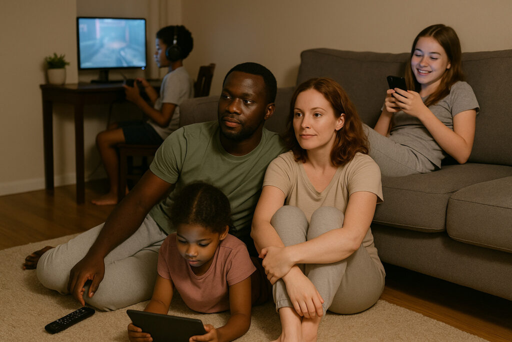 A family with parents and kids engrossed in their respective digital devices