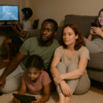 A family with parents and kids engrossed in their respective digital devices