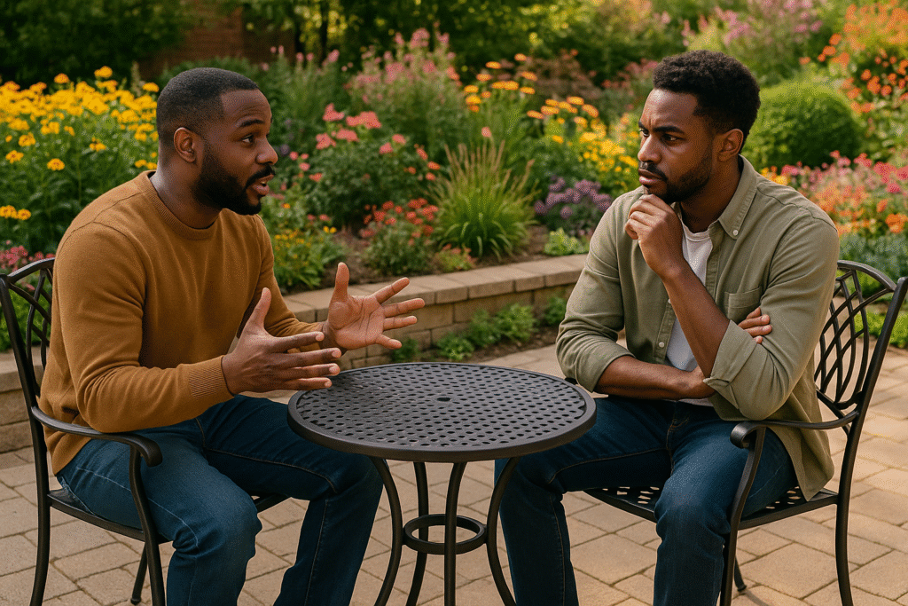 One friend giving wise counsel to another, while the other is listening with keen interest