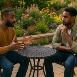 One friend giving wise counsel to another, while the other is listening with keen interest