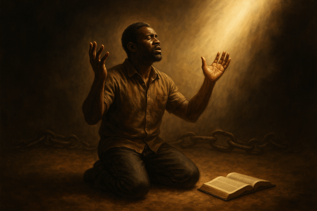 A broken man kneeling and praying in repentance and humility after being freed from chains.
