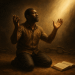 A broken man kneeling and praying in repentance and humility after being freed from chains.