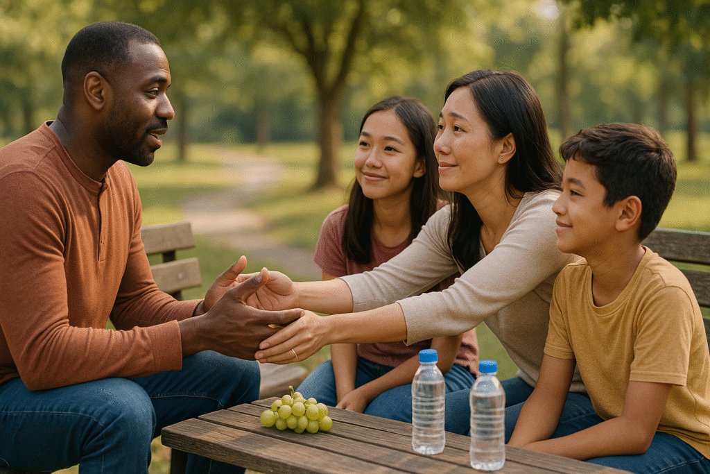 A man having a conversation with his wife and kids, offering words of guidance while his family listens with humility. Their body language reflects mutual respect, conveying that speech can uplift, correct, and edify, ultimately honoring God in how believers interact with one another.