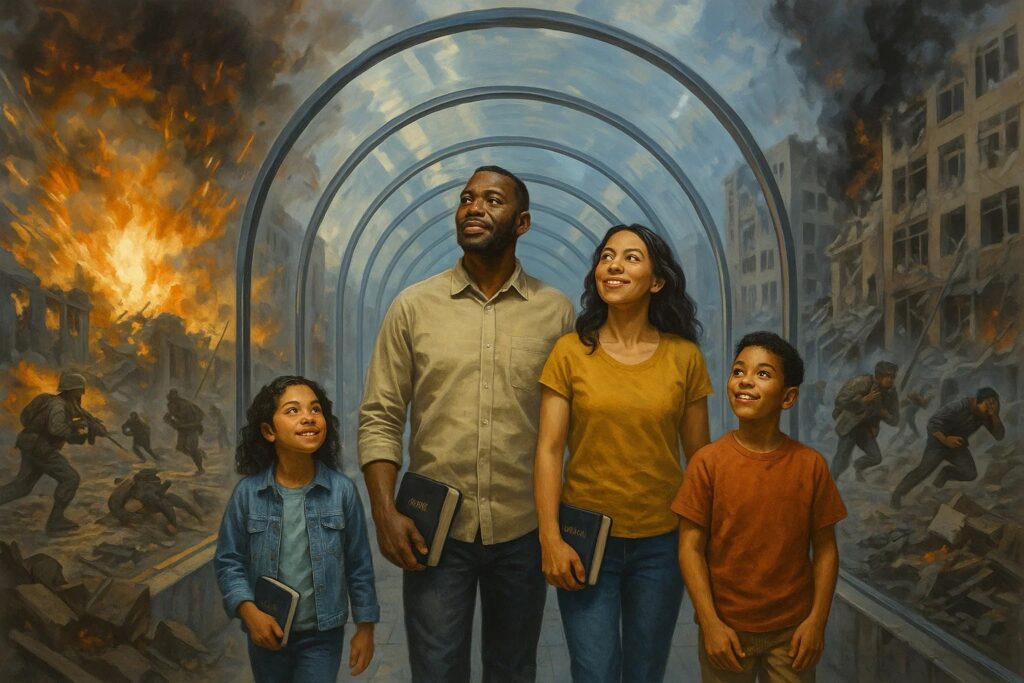 A family sheltered and undaunted in the middle of a war, destruction, and chaos