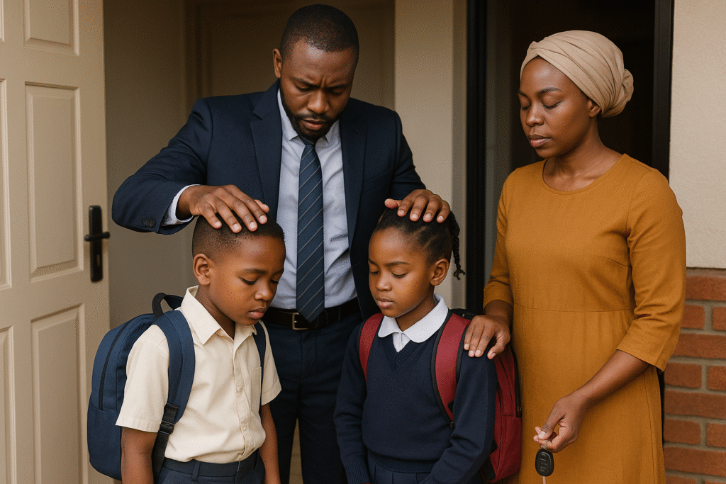 A father blessing his children as they set out for school