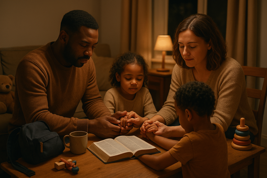 A man, his wife, and their children all holding hands together in prayer