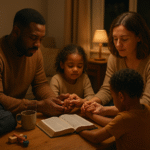 A man, his wife, and their children all holding hands together in prayer