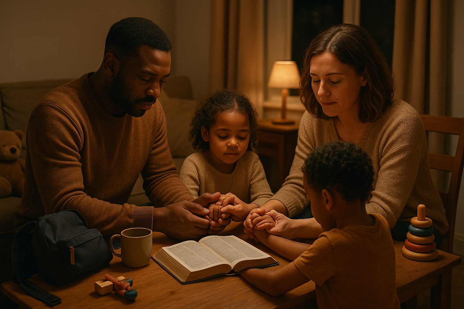 A man, his wife, and their children all holding hands together in prayer