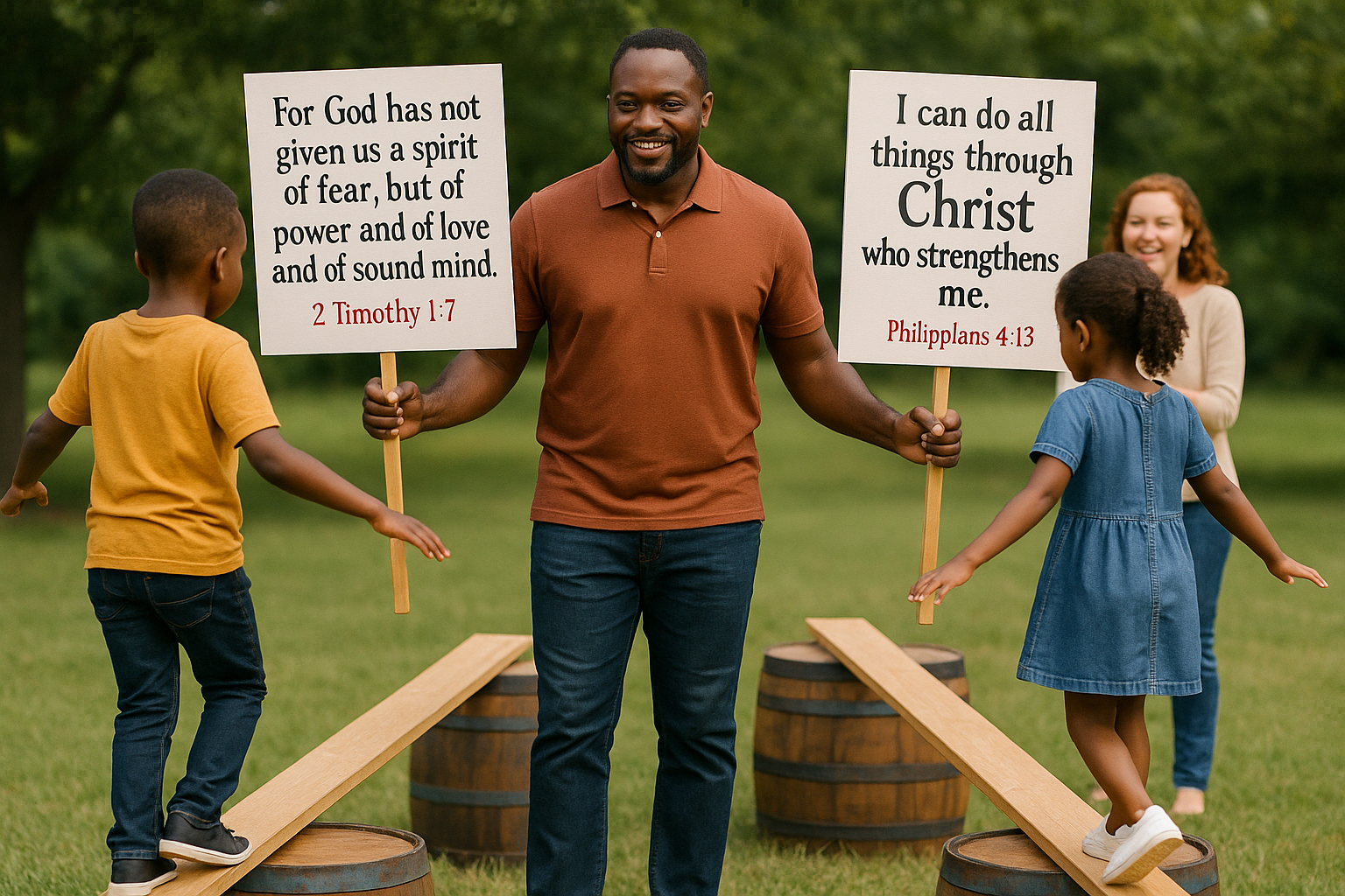Two kids walking on slim long planks, learning to balance, with their eyes fixed on scriptures held by their dad in white boards, while mum cheers on