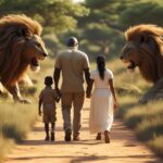 A father walking his children through the midst of fierce lions unfazed