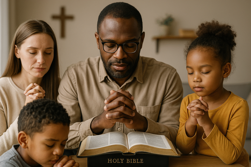 A family gathered around the table, praying before starting to study the Bible together