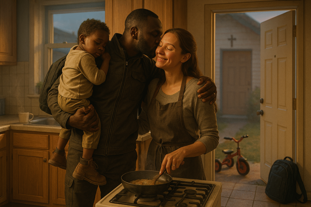 An African man carries his young son in one arm, and embraces his Russian wife with the other, while giving her a perk