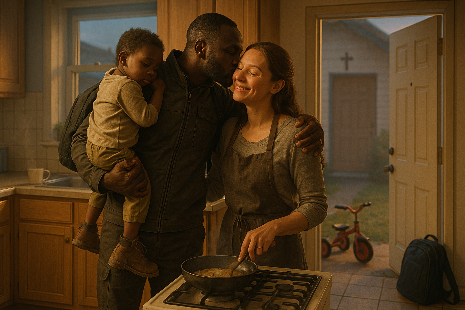An African man carries his young son in one arm, and embraces his Russian wife with the other, while giving her a perk