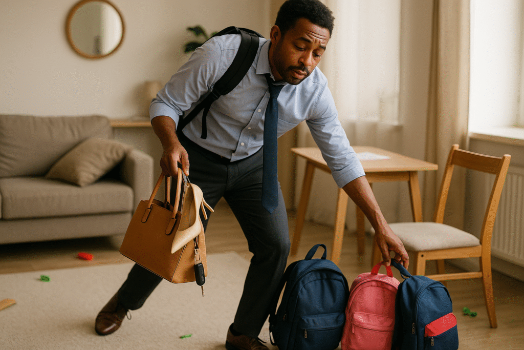 A man just coming back from work tired, still in his work dress, and trying to fix the sitting room littered by his family as he goes in