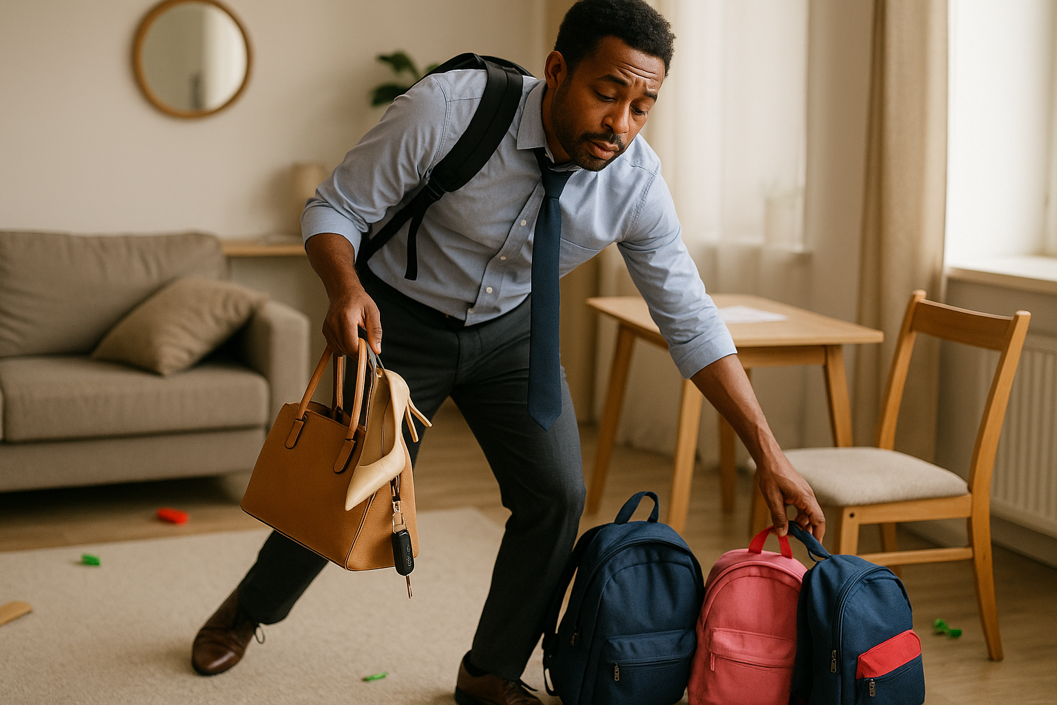 A man just coming back from work tired, still in his work dress, and trying to fix the sitting room littered by his family as he goes in