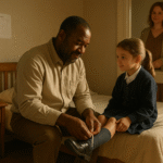 A father laces his daughter's shoes out of love, not obligation.