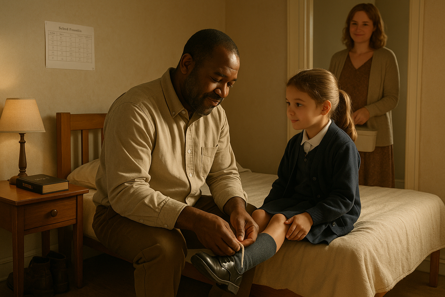 A father laces his daughter's shoes out of love, not obligation.