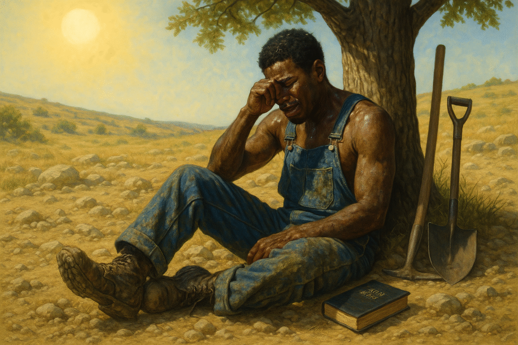 A tired labourer resting under a tree and crying, with grasses and sand stains, as well as sweat all over his body and denim dungarees