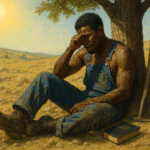 A tired labourer resting under a tree and crying, with grasses and sand stains, as well as sweat all over his body and denim dungarees