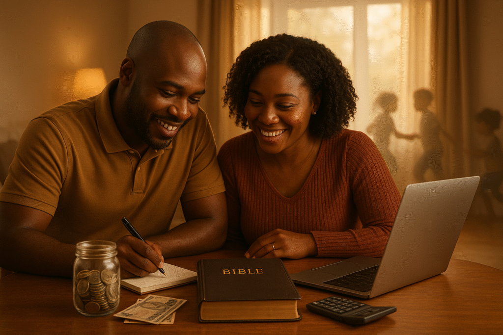 A man and his wife with a calculator and notepad, planning their finaces