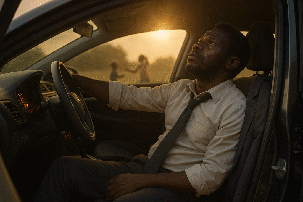 A man sitting in his car in despair while his children play in a far distance