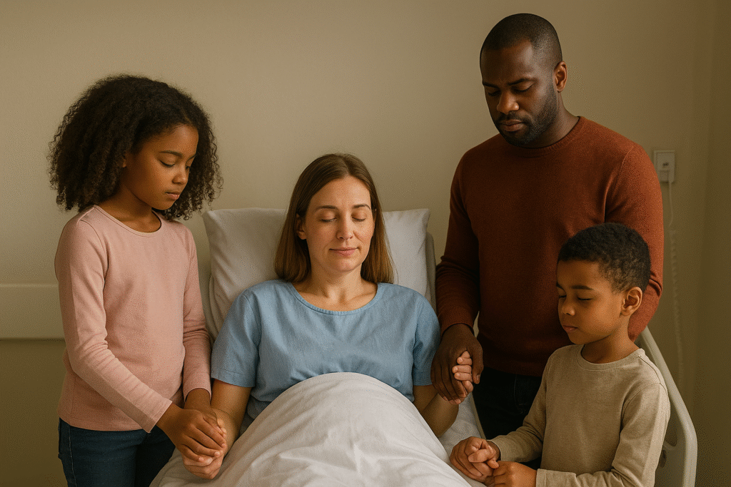 Dad, mum, daughter, and son holding hands together in prayer for mum who is lying sick in a hospital bed