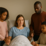 Dad, mum, daughter, and son holding hands together in prayer for mum who is lying sick in a hospital bed