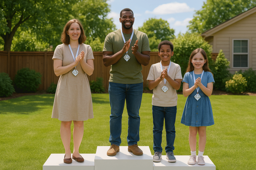 A family standing on a winners' podium, celebrating their victory. Dad in the middle, mum on his right, and their two children together on his left.